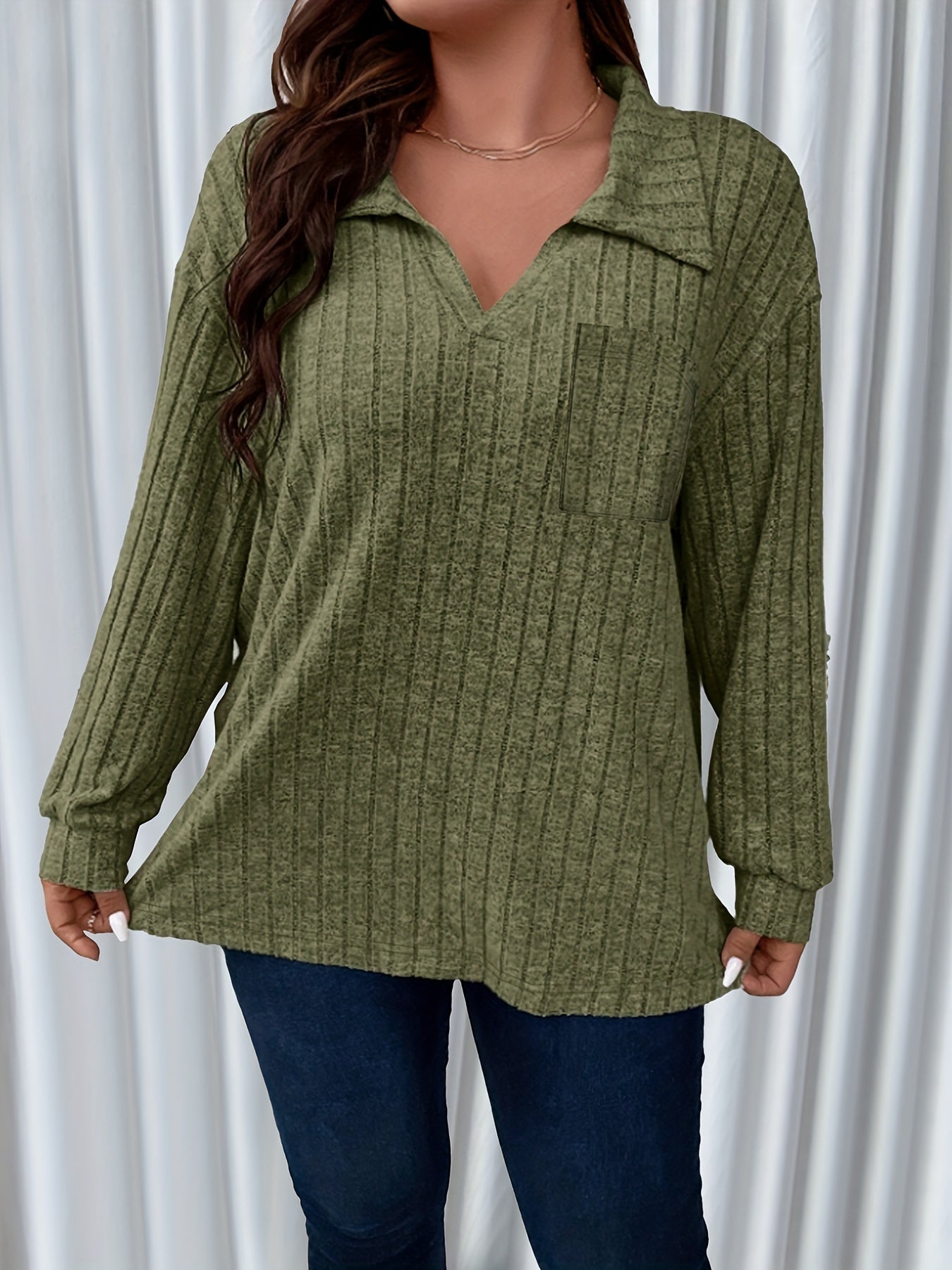 Casual Sweater Solid Ribbed Knit Long Sleeve Pullover