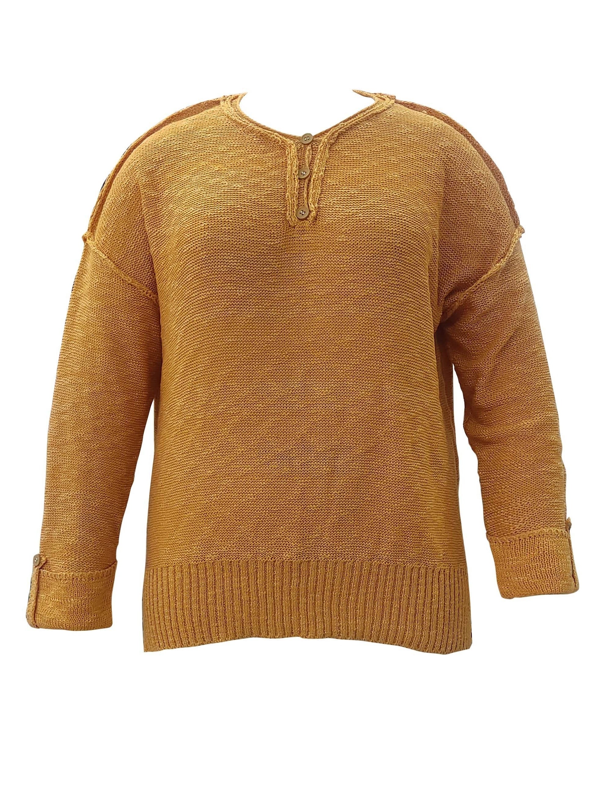 Casual Knit Top Women's Plus Solid Stitching Button Up Long Sleeve