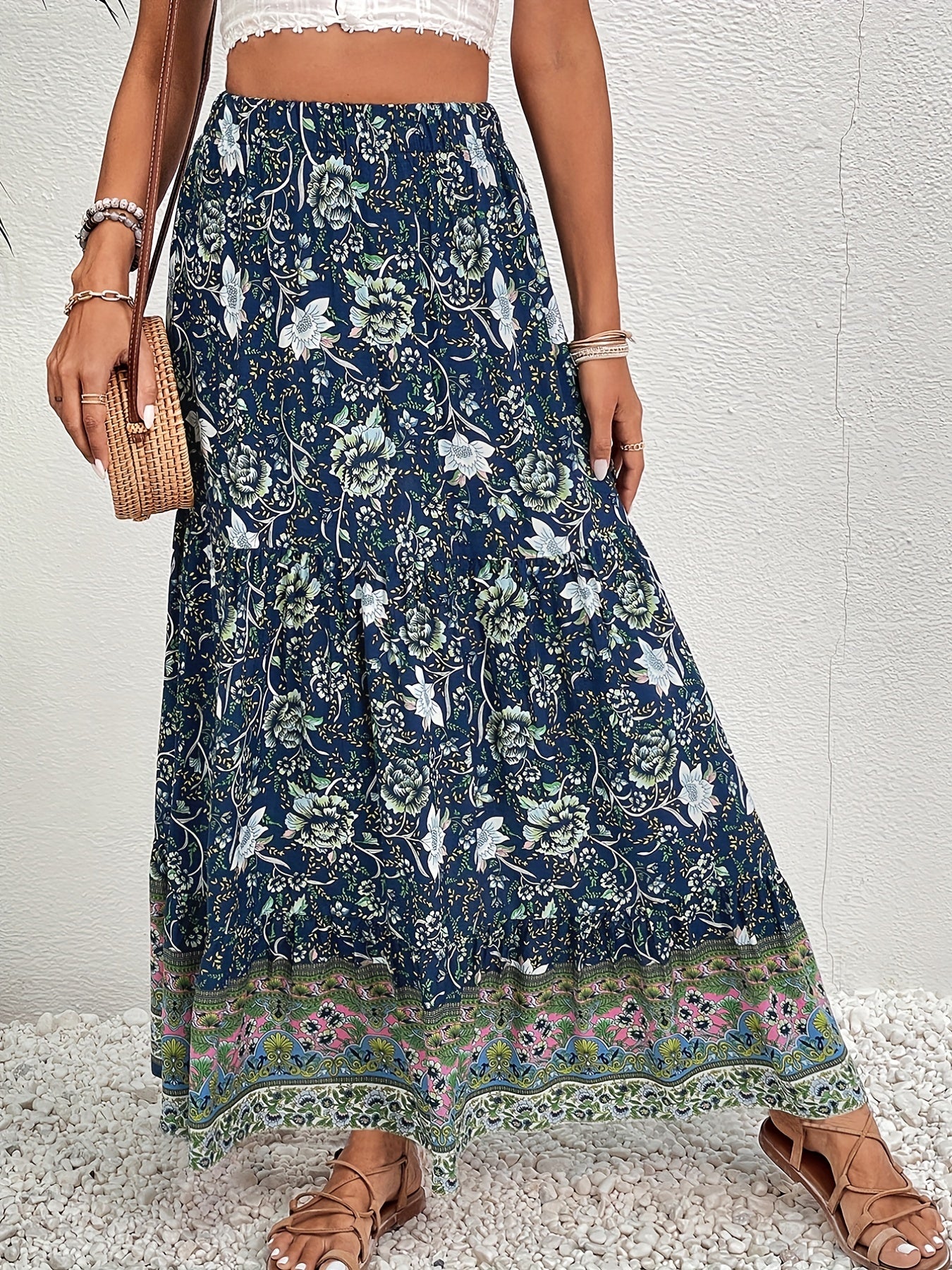 Floral Print Drawstring Waist Skirt Boho Skirt For Spring & Summer
