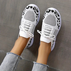Leopard Pattern Breathable Running Shoes Lace Up Knitted Sports Sneakers