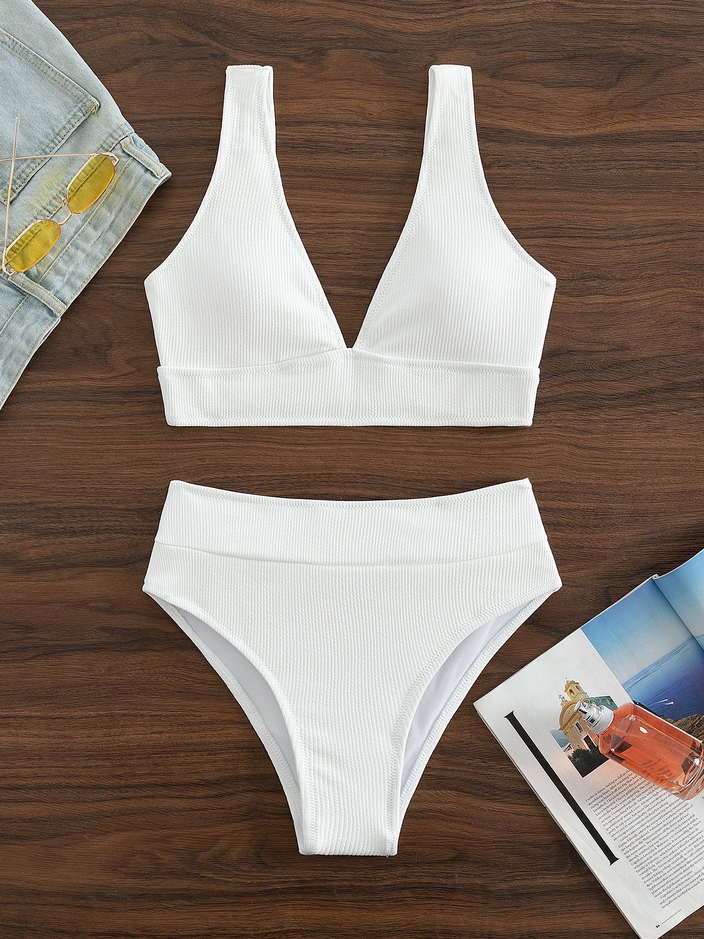 Solid Rib nit High Waist Bikini Swimsuit
