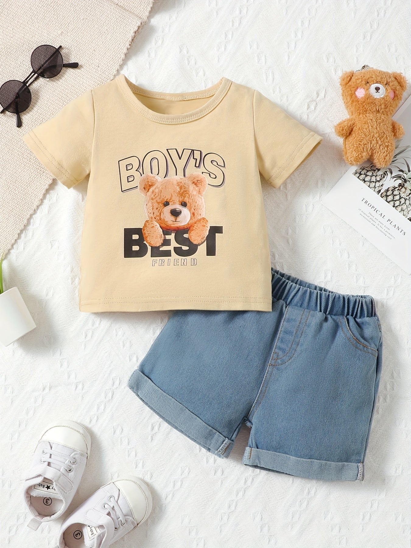 2pcs Baby Boys Bear Graphic T shirt & Denim Shorts Set Summer Clothes