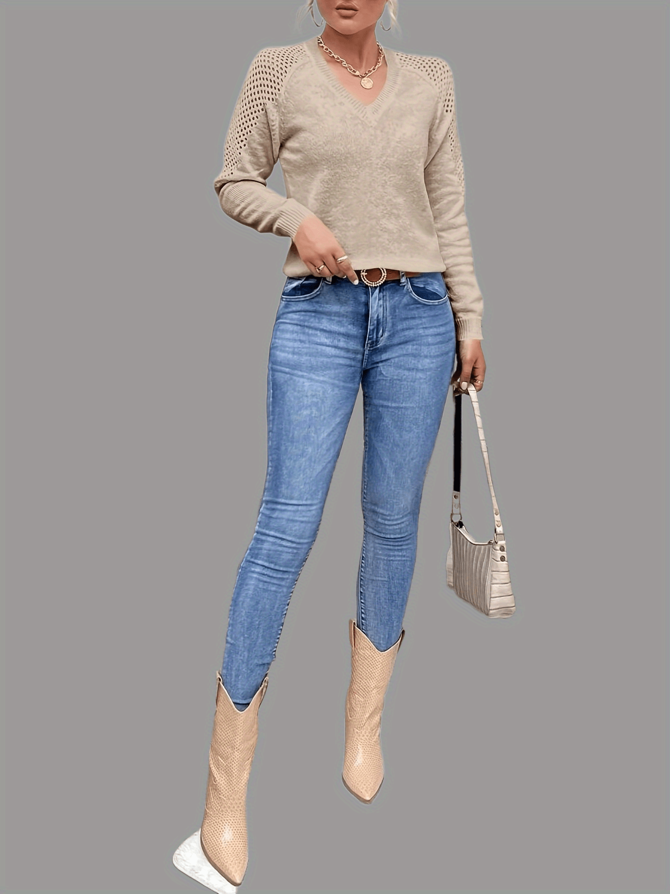 Eyelet Cutout Knitted Pullover Top V Neck Sweater for Women