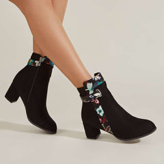 Floral Pattern Boots Point Toe Block Heel Side Zipper Winter Shoes