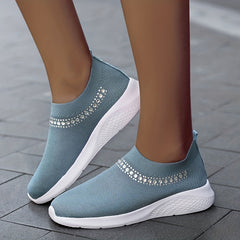 Women's Breathable Knit Sneakers Low Top Faux Rhinestone Casual Shoes