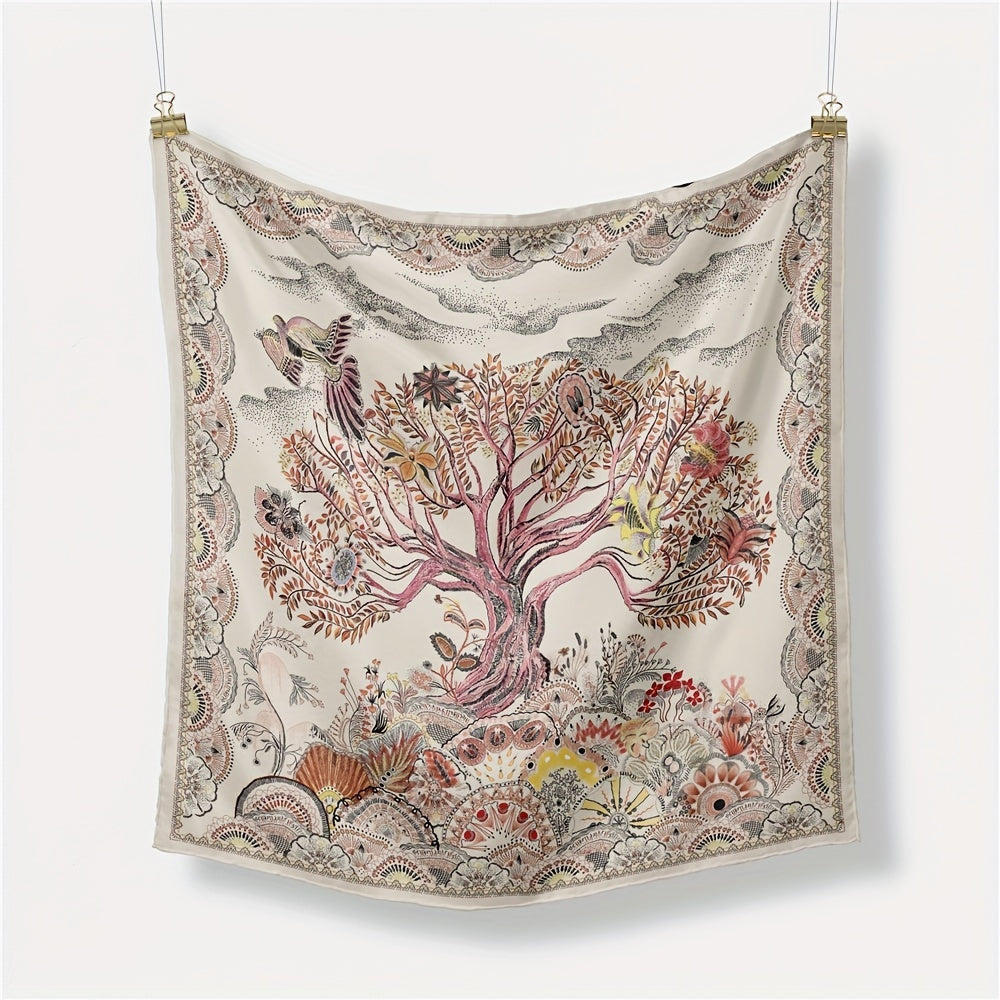 Vintage Tree Print Bandana Beige Square Scarf Boho Satin Neckerchief