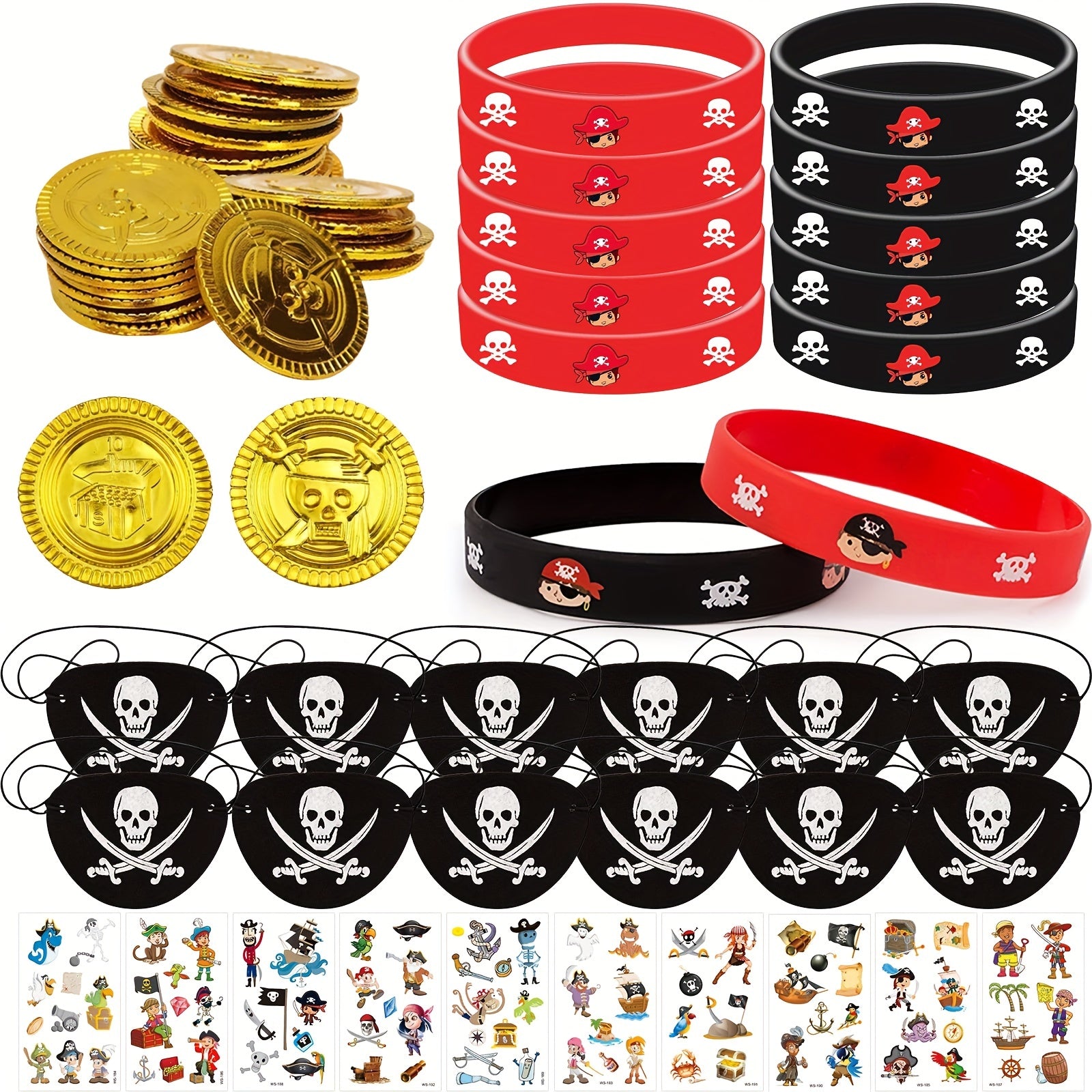 Pirate Party Favors: Coins, Gems, Bracelets, Eye Patch Tattoos