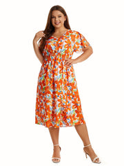 Floral Print V-Neck Midi Dress, Plus Size
