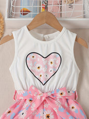 Girls Floral Heart Pattern Belted Jumpsuit Kids Casual Summer Outfit