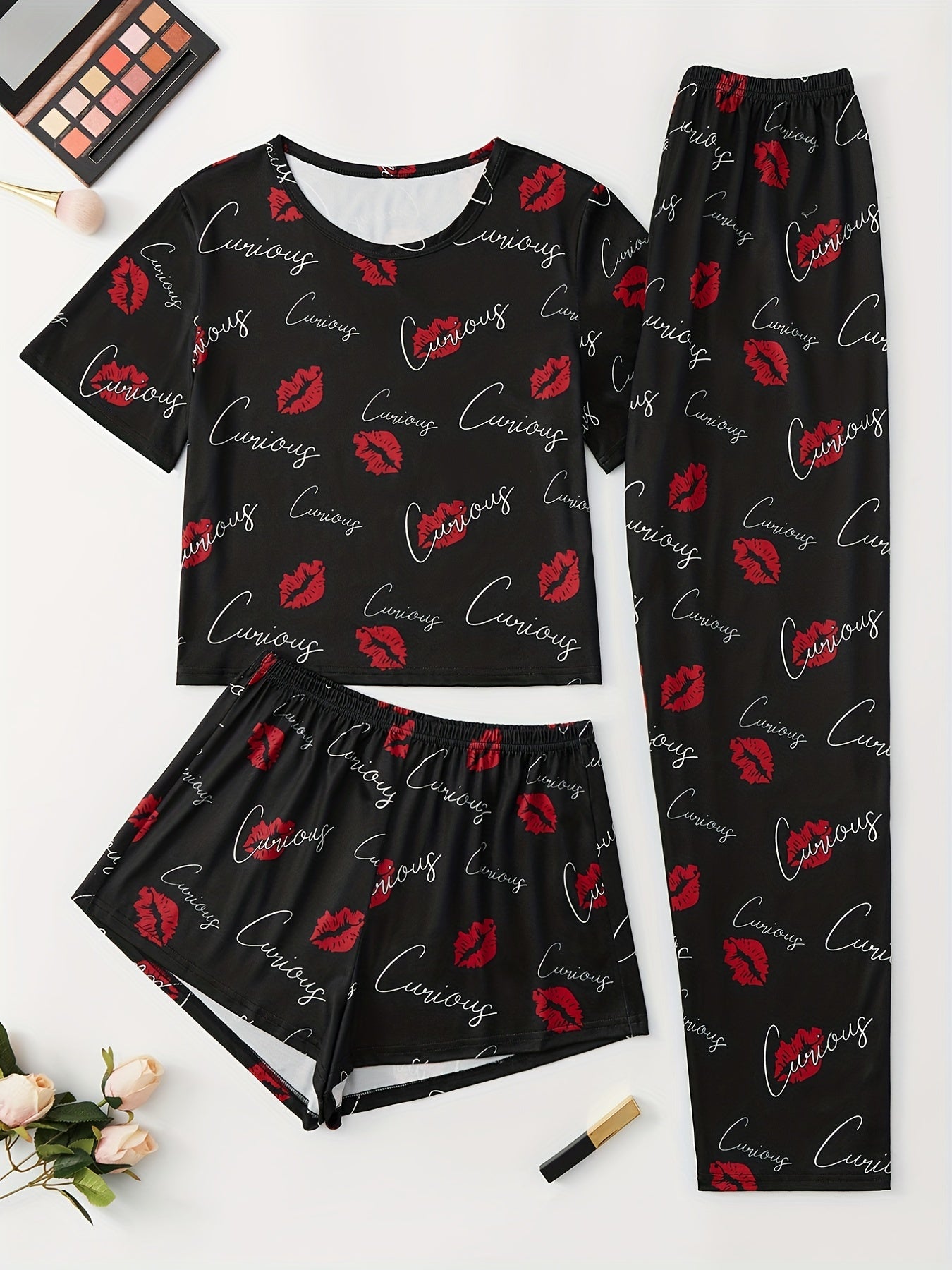Lips Print Pajamas Set Short Sleeve Top & Shorts & Pants