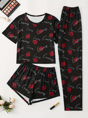 Lips Print Pajamas Set Short Sleeve Top & Shorts & Pants