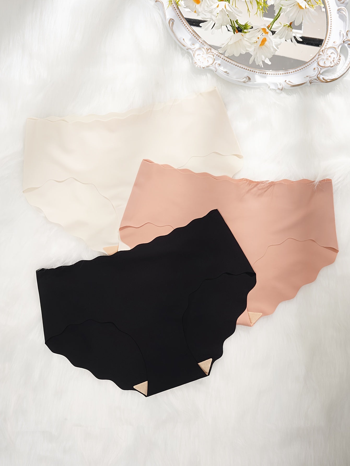 3pcs Seamless Scallop Trim Briefs Stretchy Intimates Panties Women's Lingerie