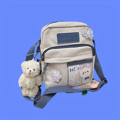 Cartoon Nylon Crossbody Bag With Bear Doll & Badge for Kids
