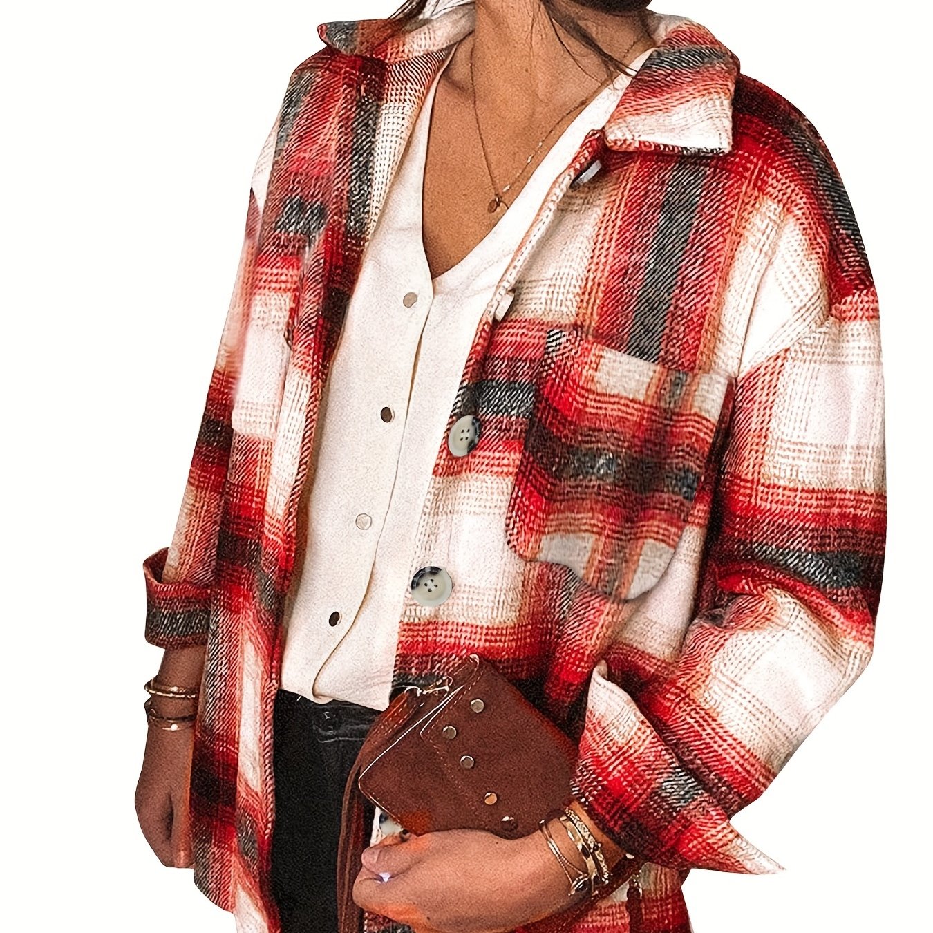 Plaid Patched Pocket Jacket Long Sleeve Spring Fall Women's Clothing