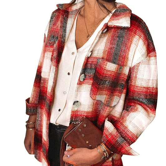 Plaid Patched Pocket Jacket Long Sleeve Spring Fall Women's Clothing