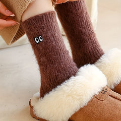 3 Pairs Cartoon Eyes Embroidery Socks Warm & Floor Socks Women's Stockings