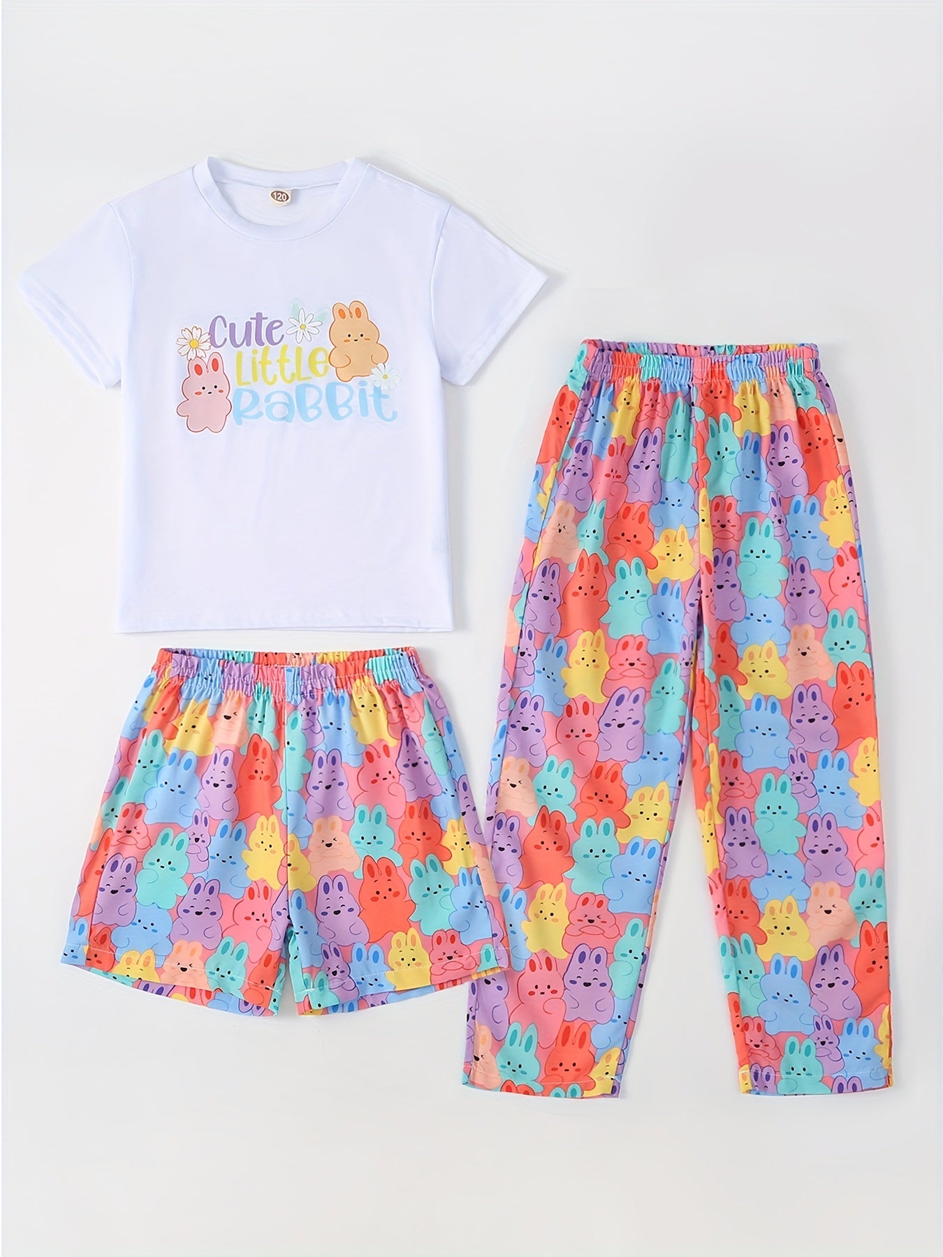 Girls Bear Graphic Pajama Set Crew Neck Top & Shorts/Pants Loungewear