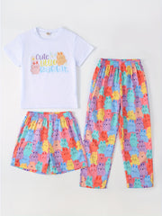 Girls Bear Graphic Pajama Set Crew Neck Top & Shorts/Pants Loungewear