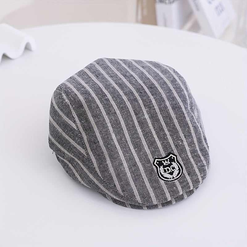 Kids Striped Beret Hat w/ Embroidery Pattern for Photos Travel