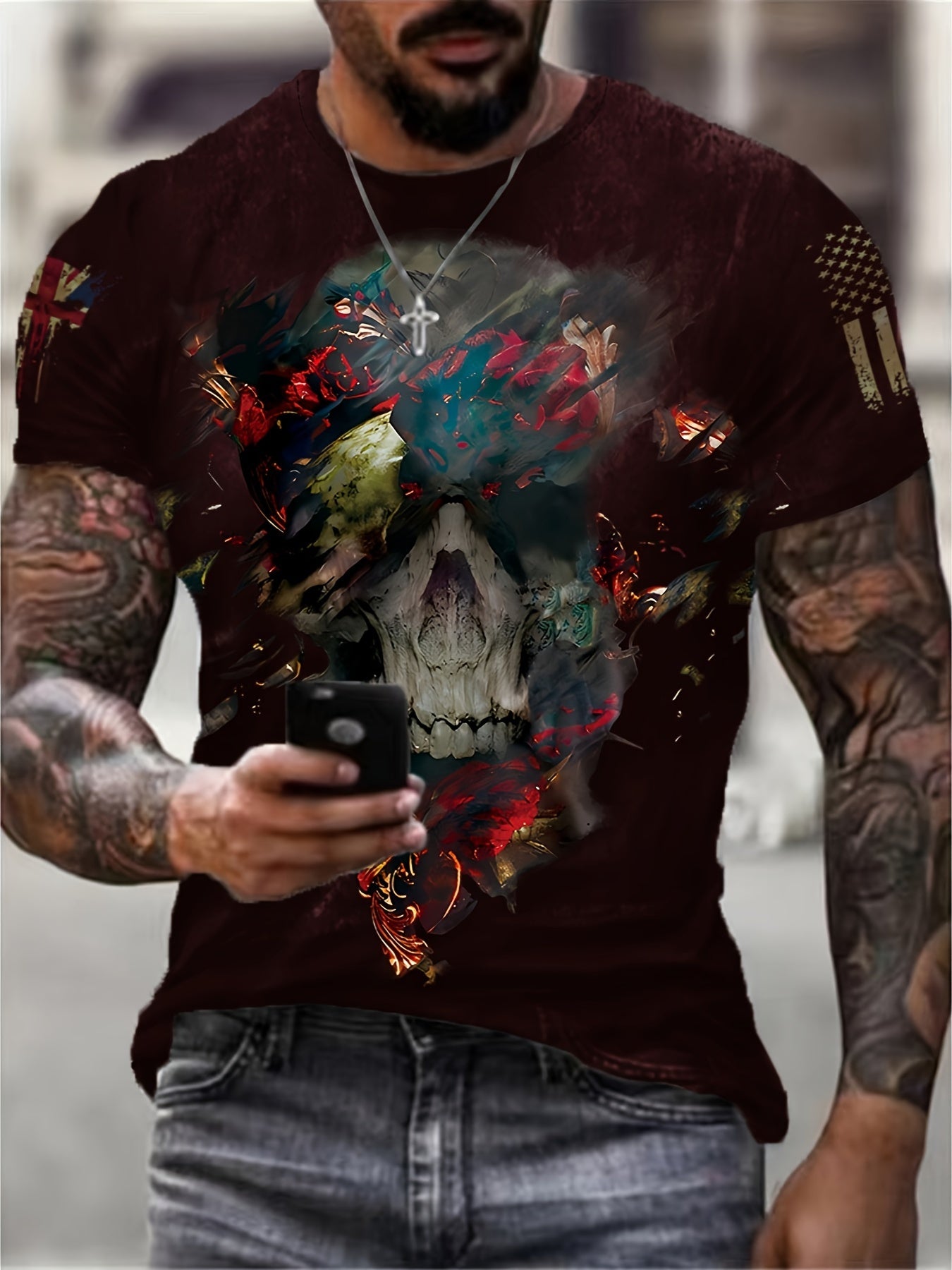 Men's American Flag & Skull Print T-Shirt Short Sleeve Crew Neck Tee
