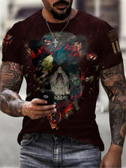 Men's American Flag & Skull Print T-Shirt Short Sleeve Crew Neck Tee