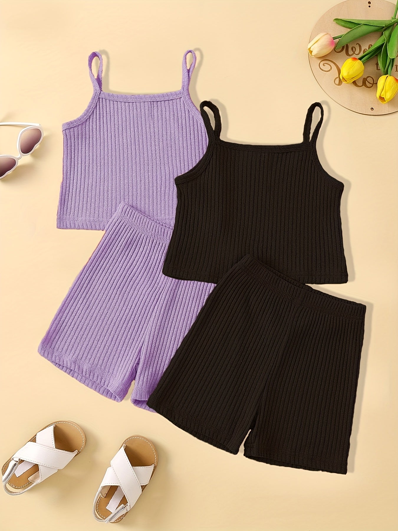 2-Piece Toddler Girl's Ribbed Knit Cami Crop Tops & Track Shorts Summer Outfit