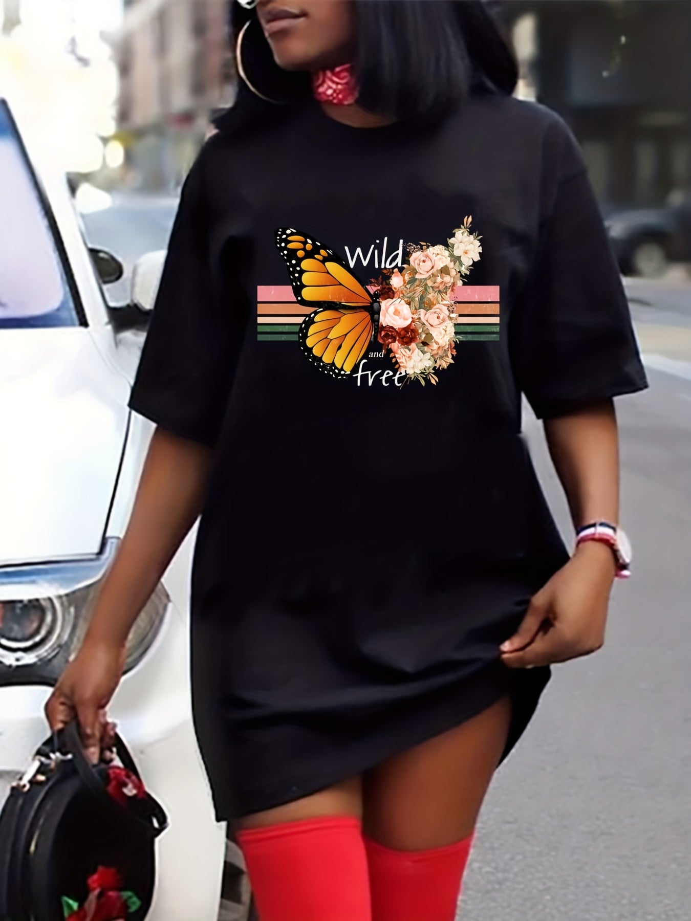 Floral Butterfly Print Round Neck Tee Dress