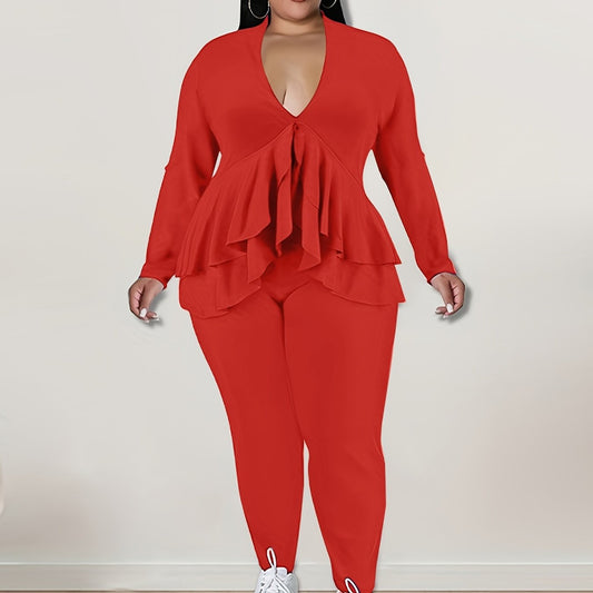 2 Piece Set Solid Long Sleeve V Neck Top & Pants Outfit