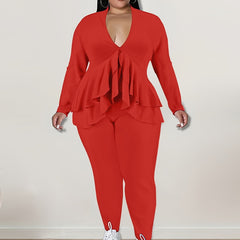 2 Piece Set Solid Long Sleeve V Neck Top & Pants Outfit