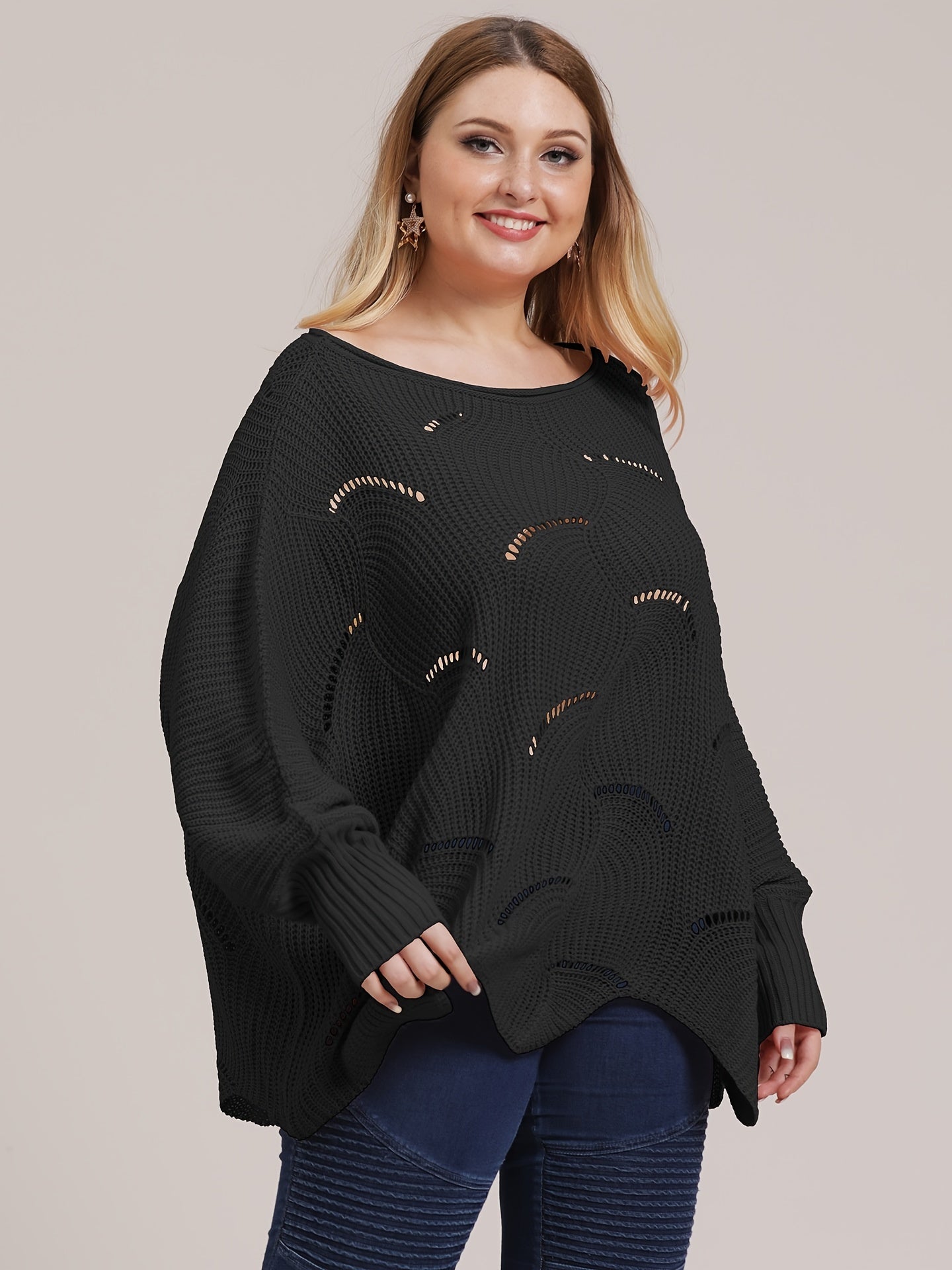 Boat Neck Loose Fit Sweater Women's Plus Casual Solid Sweater