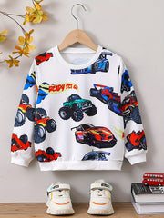 Boys Cartoon Car Print Sweatshirt Long Sleeve Crew Neck Top