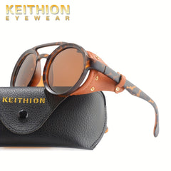 Vintage Steam Punk Style Round Polarized Sunglasses with Leather Side Shield
