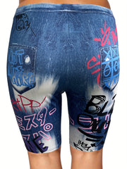 Plus Denim & Letter Print High Rise Skinny Shorts