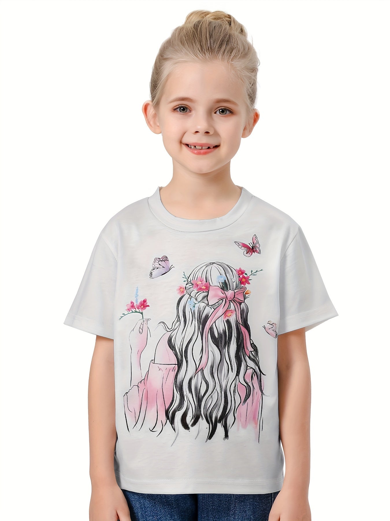 Cute 3D Cartoon Girl Crew Neck T-shirt for Girls
