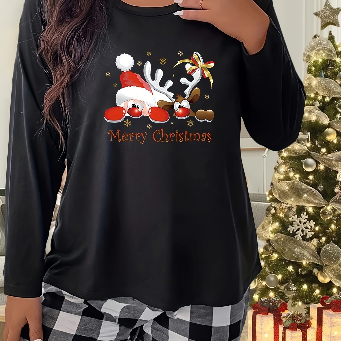 Santa Claus & Elk Graphic Long Sleeve Crew Neck Tee