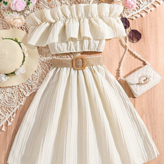 Girl's Off Shoulder Ruffle Camisole & Flared Skirt Set - Summer Outfits