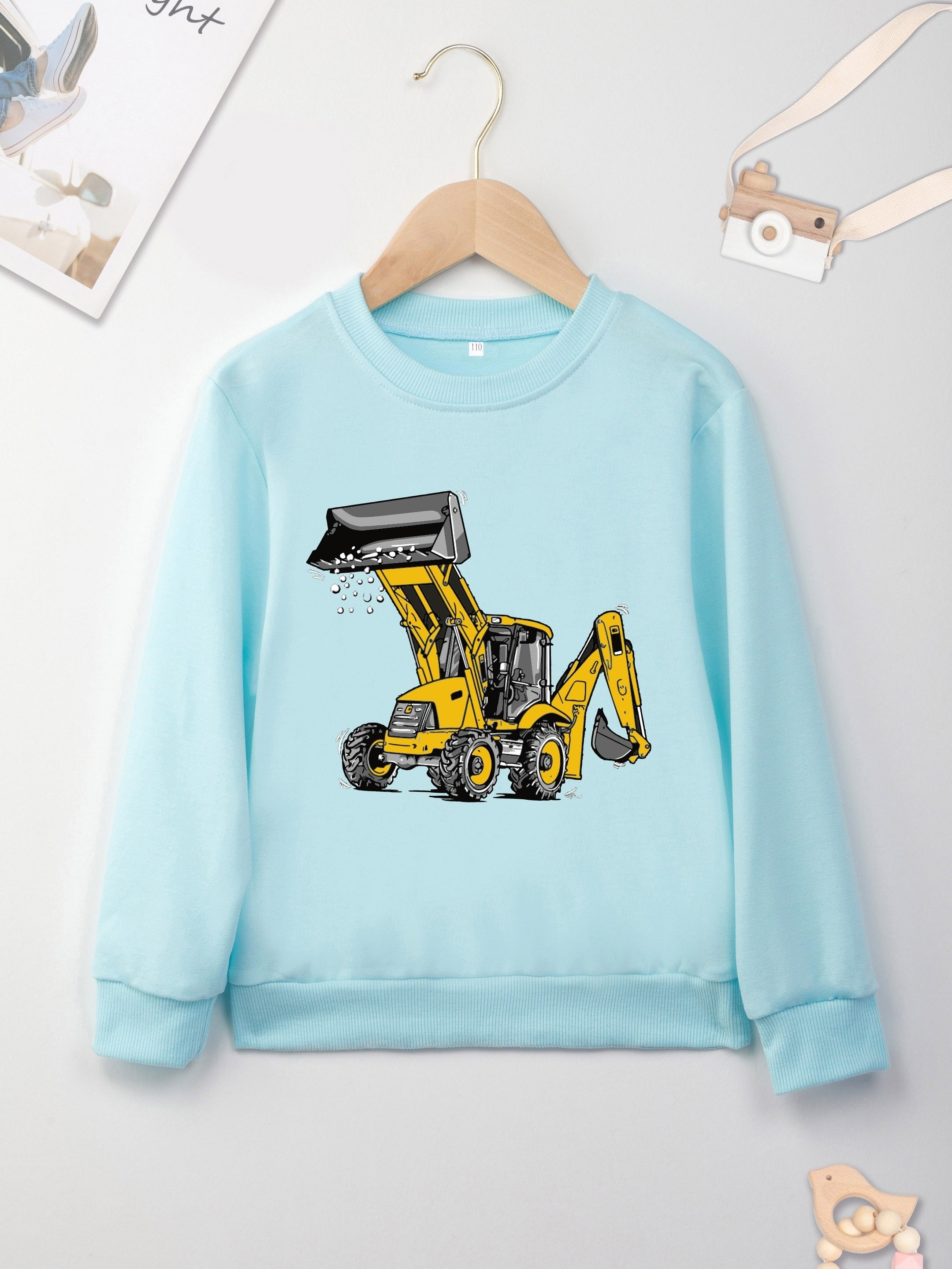 Excavator Print Boys Casual Sweatshirt Long Sleeve Crew Neck Tops