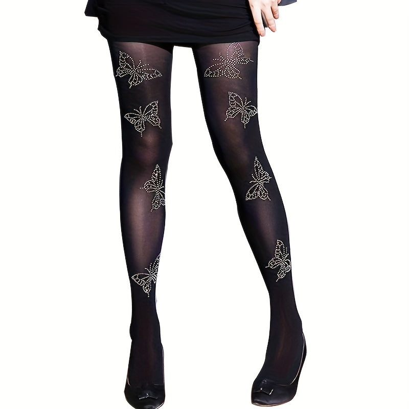 Butterfly Rhinestone Pantyhose High Waist Sheer Footed Stockings