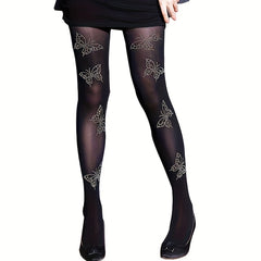 Butterfly Rhinestone Pantyhose High Waist Sheer Footed Stockings