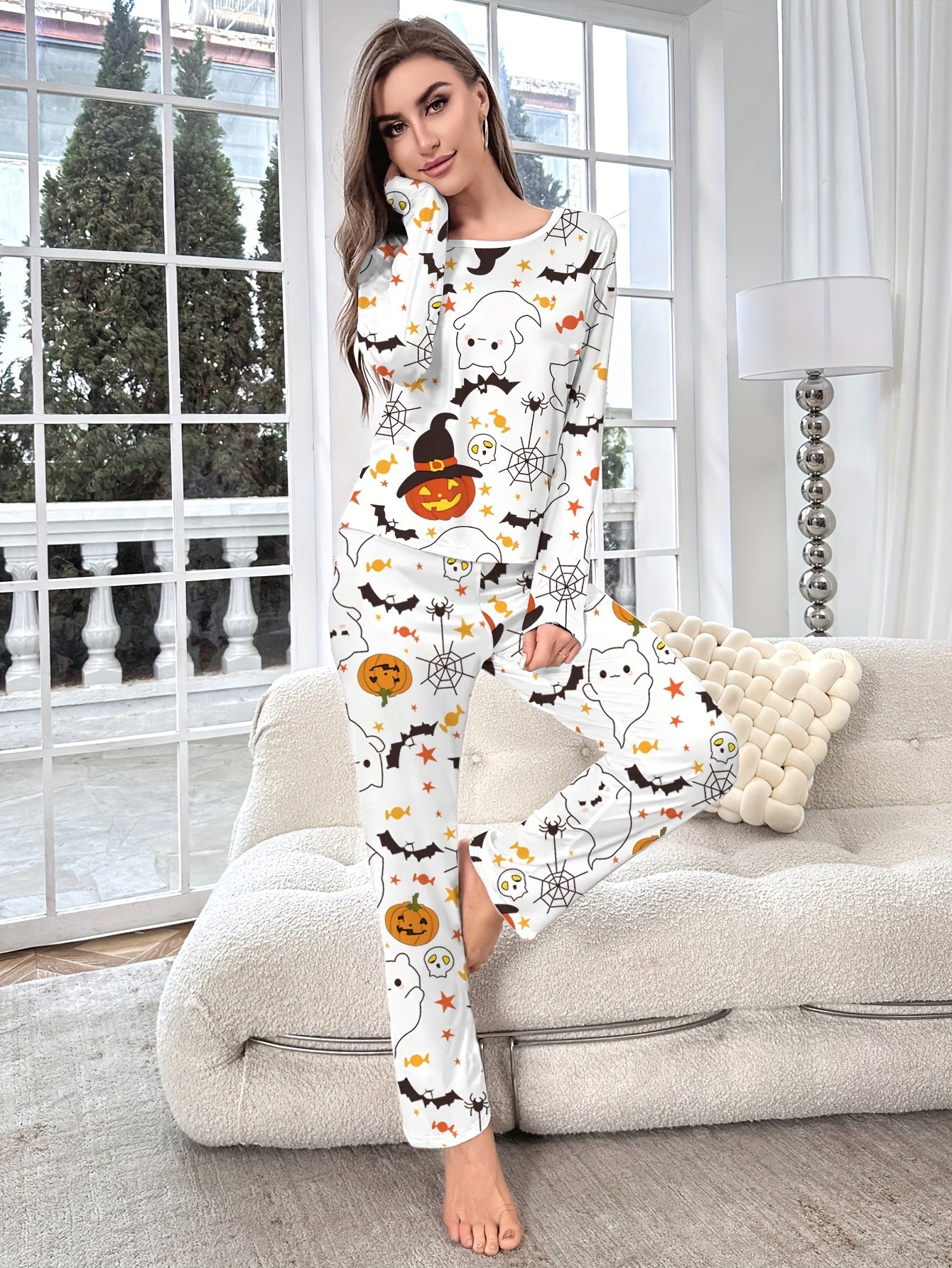 Halloween Pumpkin Print Pajama Set Long Sleeve Crew Neck Top & Pants Sleepwear