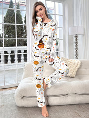 Halloween Pumpkin Print Pajama Set Long Sleeve Crew Neck Top & Pants Sleepwear