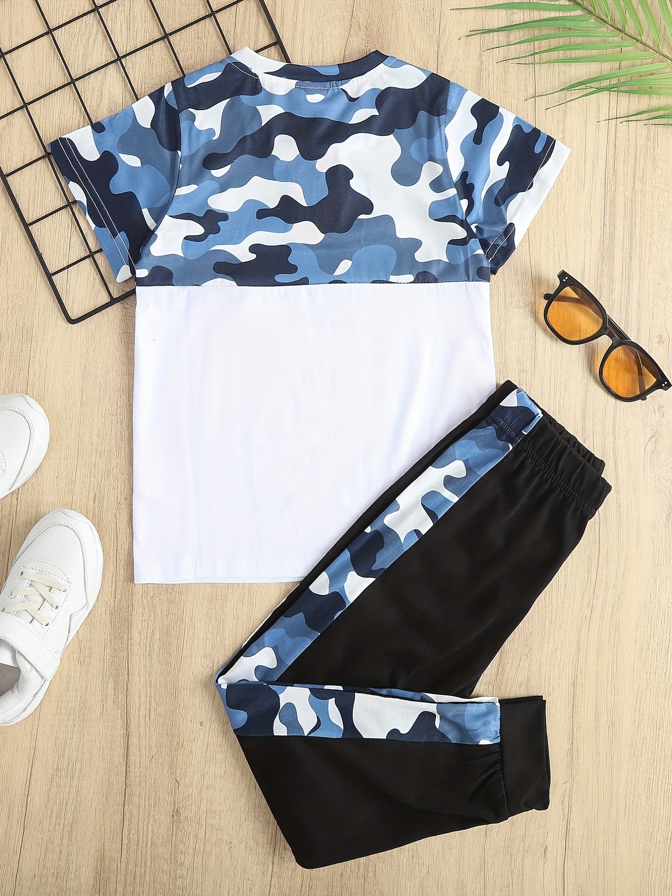 Boys Camo Outfit Set, Round Neck T-shirt & Pants, Kids Summer Clothing