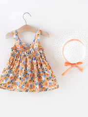 Sweet & Baby Girl's Flower Print Puffy Cami Dress With Bow & Hat