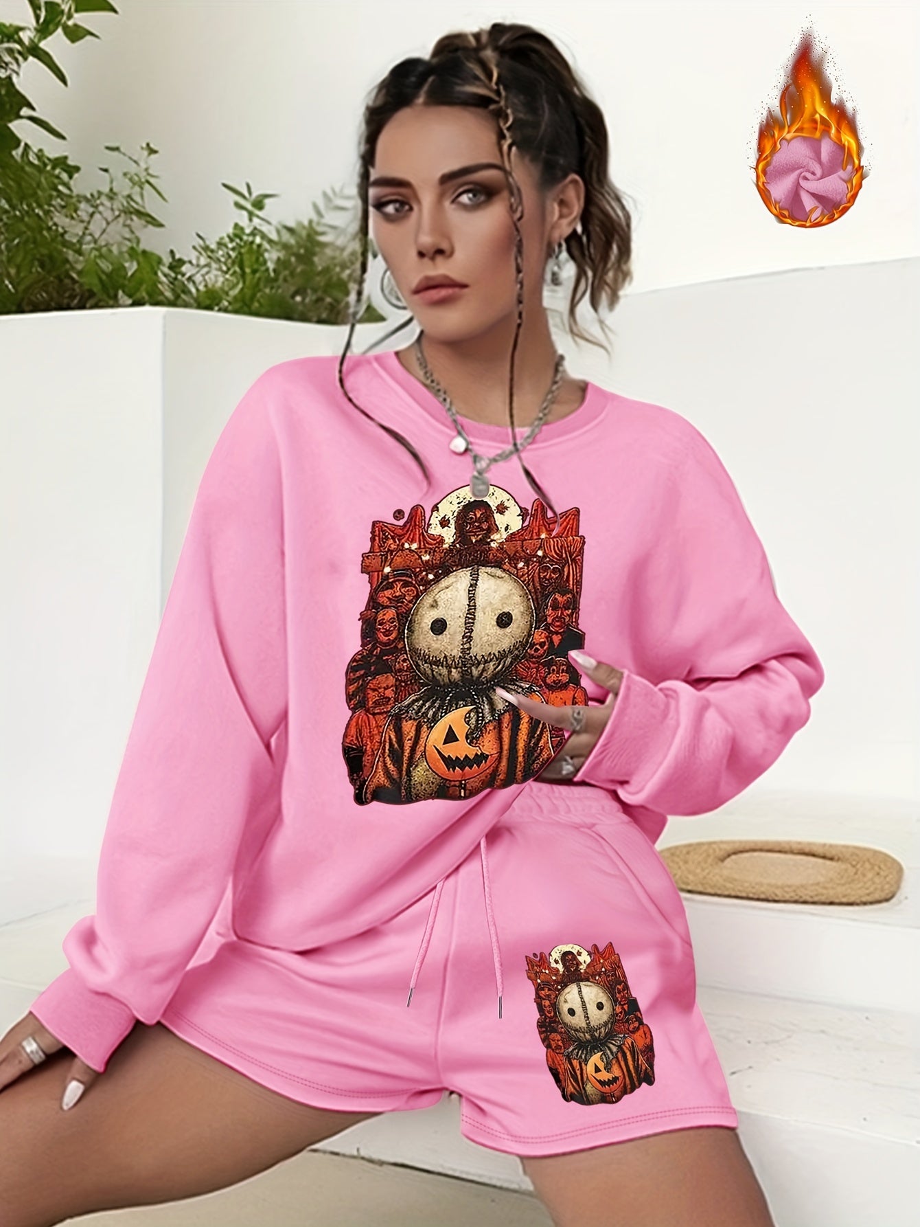 Women's Plus Graphic Print Sweatshirt & Shorts 2pcs Set