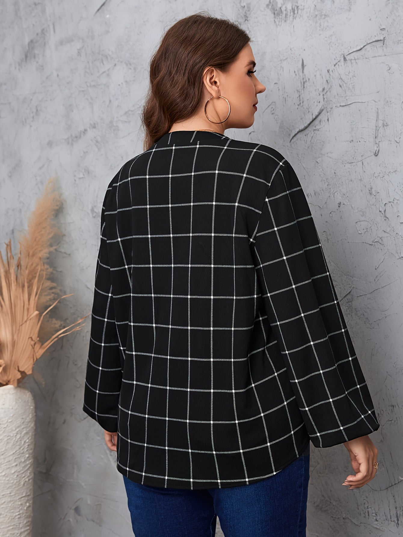 Grid Print Lantern Sleeve Notched Neck Blouse