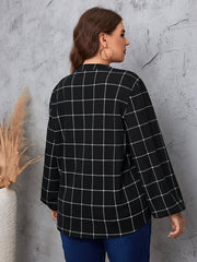 Grid Print Lantern Sleeve Notched Neck Blouse