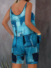 Y2K Patchwork Print Romper Jumpsuit Sleeveless Cami With Pocket