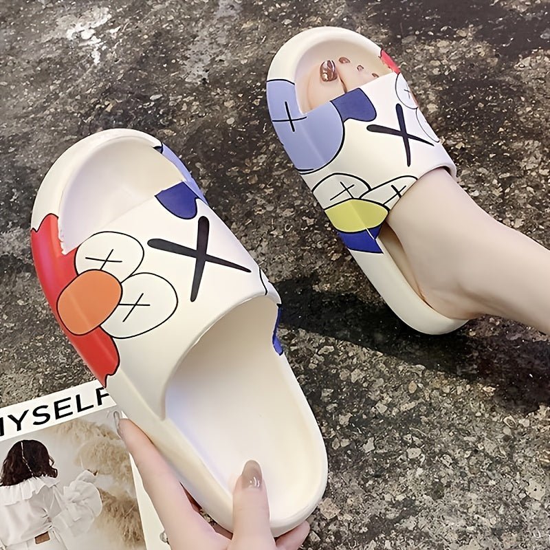 Men's Cartoon Print PVC Slides Anti skid Slip On Open Back Quick Drying Slippers