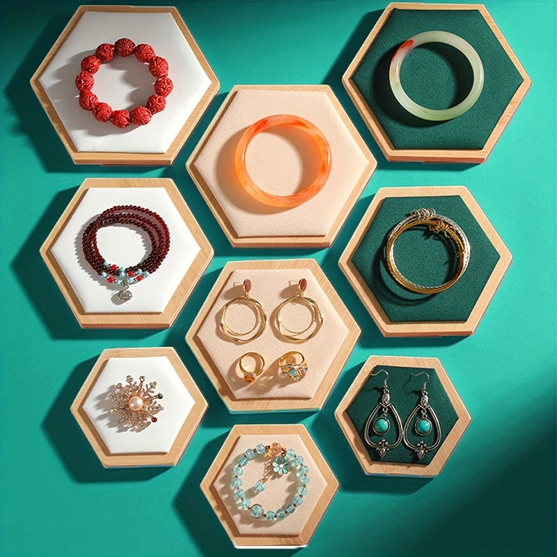 3Pcs Hexagonal Bamboo Jewelry Display Plate & Rack Set