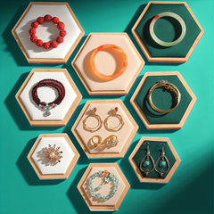 3Pcs Hexagonal Bamboo Jewelry Display Plate & Rack Set